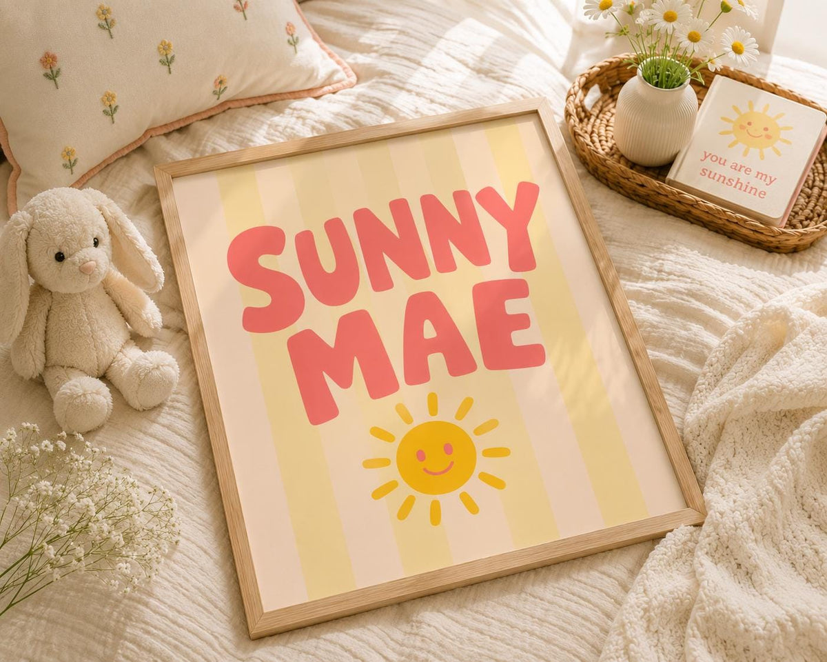 Personalized Girl Name Wall Art, Retro Sunshine Nursery Decor, Custom Digital Download Baby Gift
