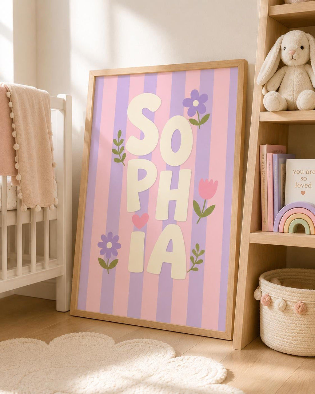 Personalized Girl Name Nursery Print, Custom Pink & Purple Wall Art, Retro Floral Nursery Decor, Digital Download Baby Gift