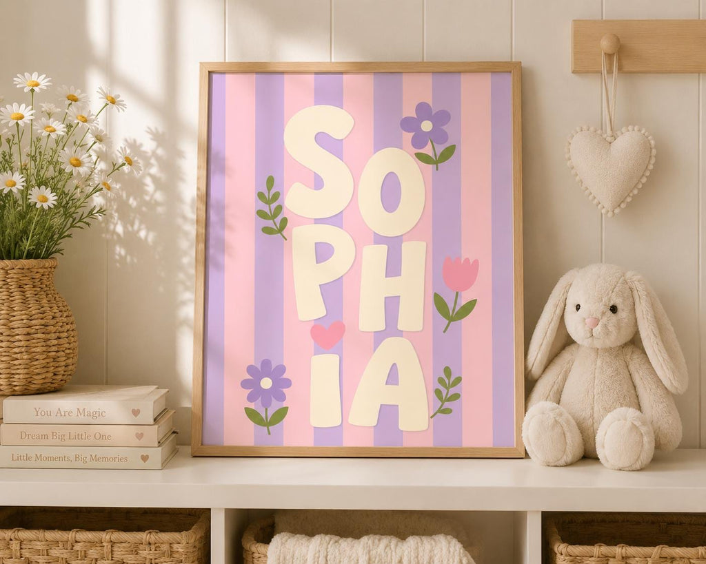 Personalized Girl Name Nursery Print, Custom Pink & Purple Wall Art, Retro Floral Nursery Decor, Digital Download Baby Gift