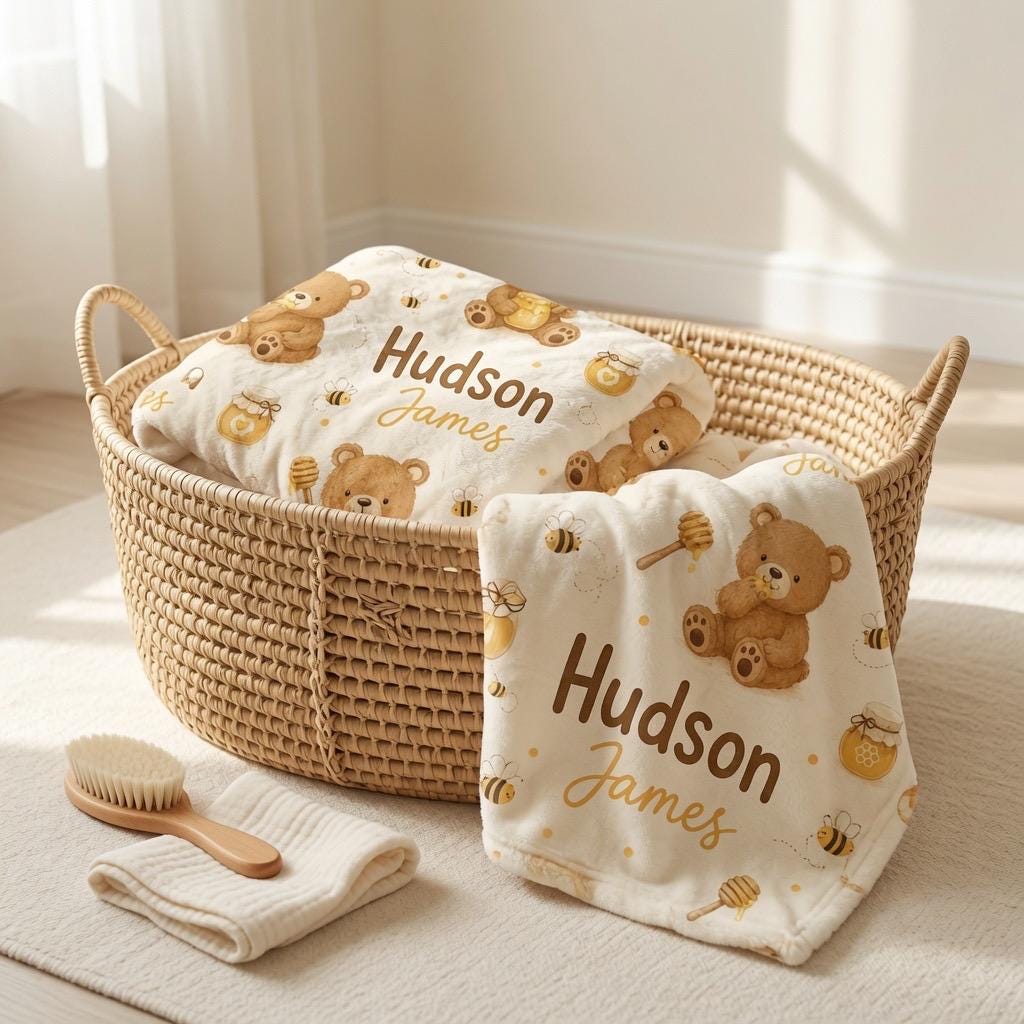 Personalized Teddy Bear Baby Blanket, Custom Baby Name Blanket, Honey Bear Nursery Blanket, Personalized Boy Blanket, Bear Ba