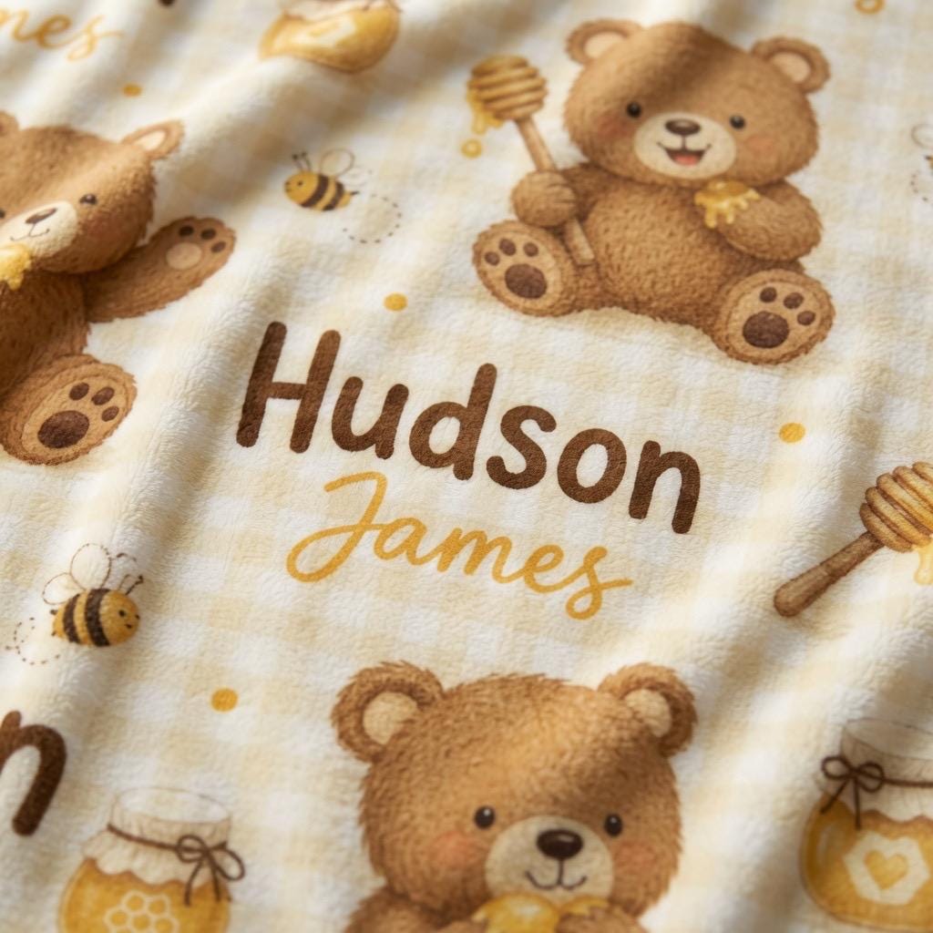 Personalized Teddy Bear Baby Blanket, Custom Baby Name Blanket, Honey Bear Nursery Blanket, Personalized Boy Blanket, Bear Ba