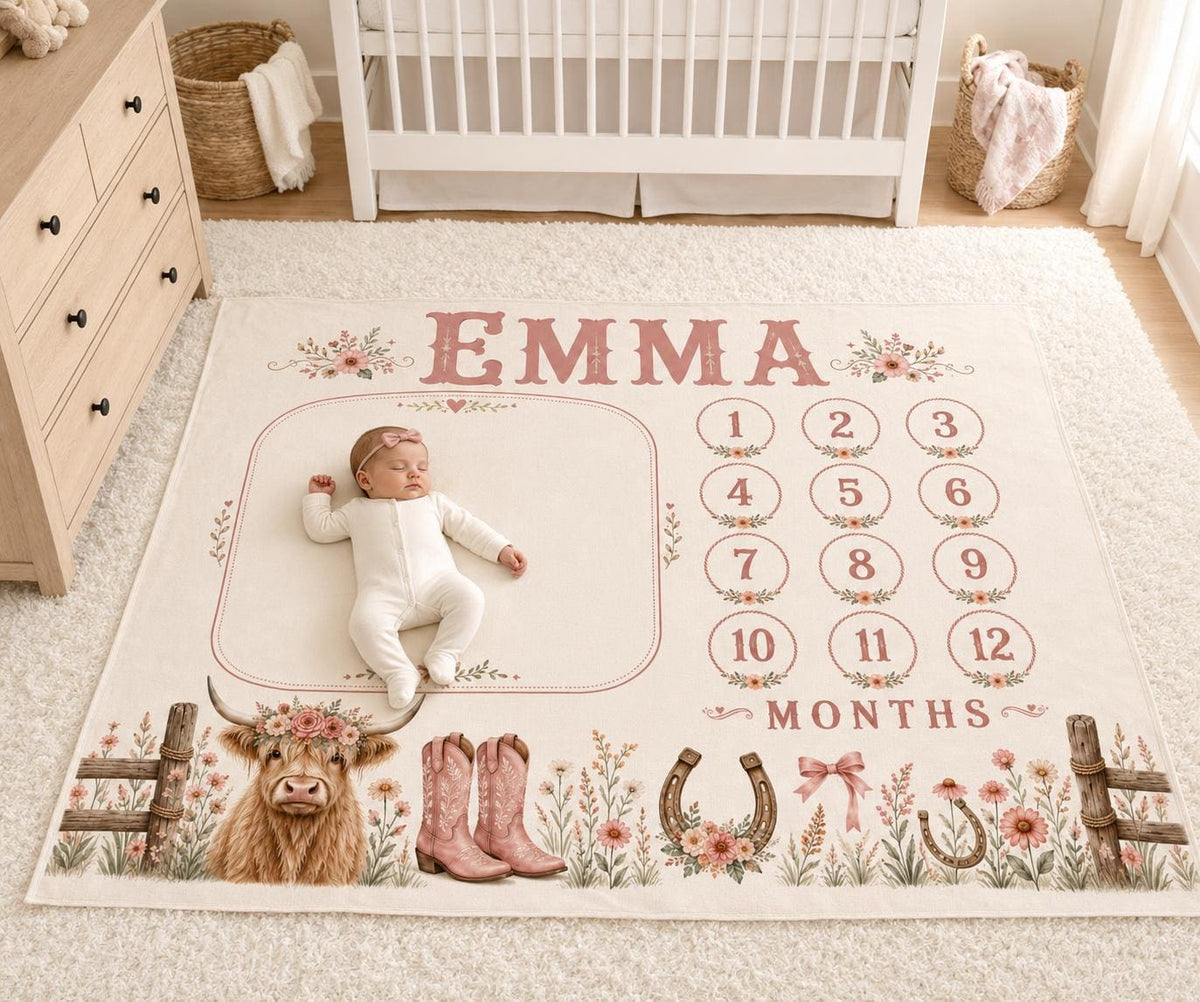 Personalized Cowgirl Milestone Blanket, My First Year Blanket, Western Baby Girl Milestone Blanket, Pink Highland Cow Monthly
