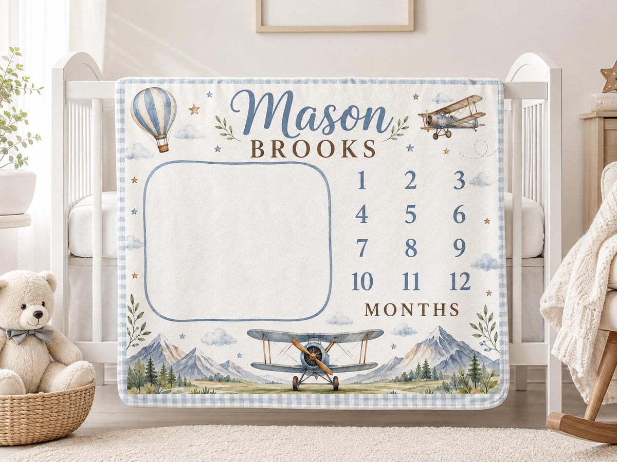 Personalized Airplane Milestone Blanket, Baby Boy Monthly Milestone Blanket, Aviation Baby Blanket, Custom Name Blanket, Adve