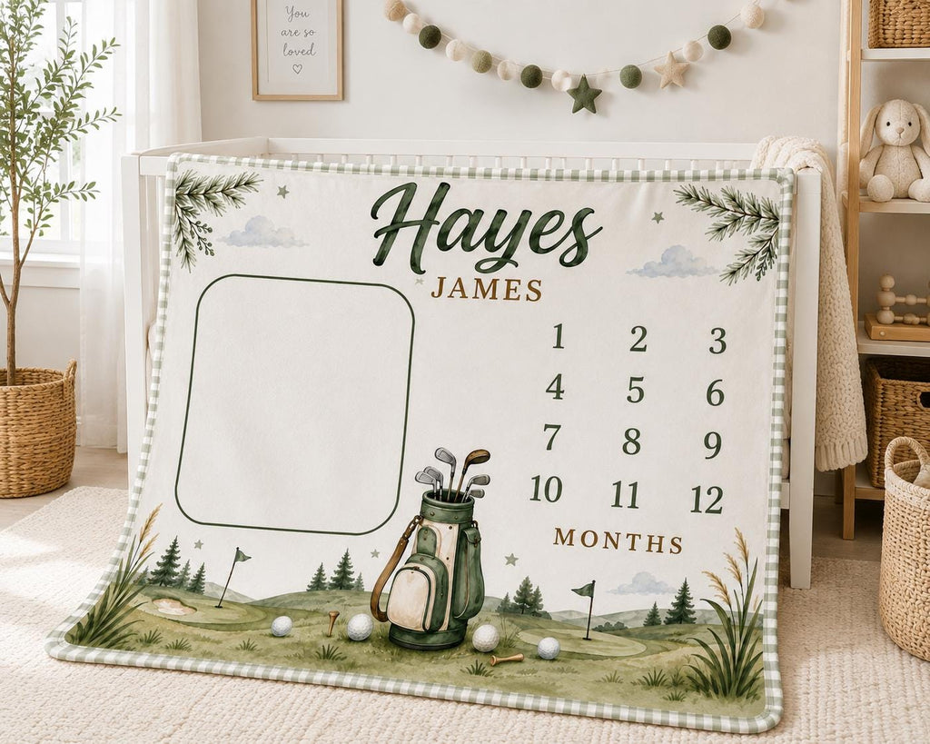 Personalized Golf Milestone Blanket, Baby Boy Monthly Milestone Blanket, Golf Baby Blanket, Custom Name Blanket, Golfer Nurse