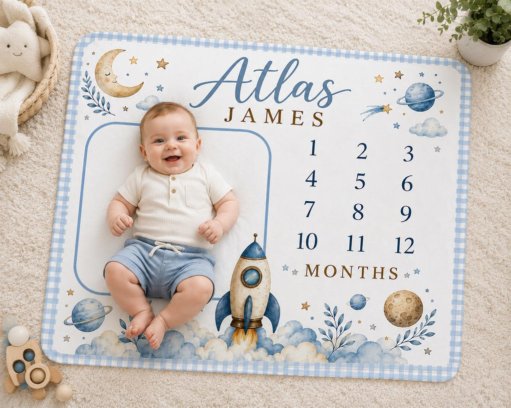 Personalized Space Milestone Blanket, Baby Boy Monthly Milestone Blanket, Rocket Ship Baby Blanket, Custom Name Blanket, Spac