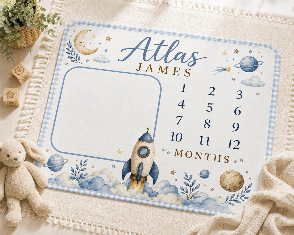 Personalized Space Milestone Blanket, Baby Boy Monthly Milestone Blanket, Rocket Ship Baby Blanket, Custom Name Blanket, Spac