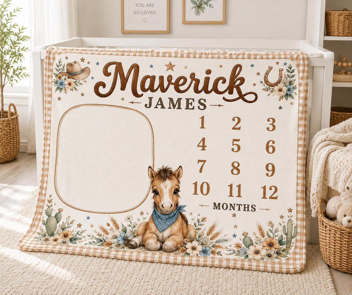Personalized Cowboy Milestone Blanket, Baby Boy Monthly Milestone Blanket, Western Baby Blanket, Horse Nursery Decor, Custom 