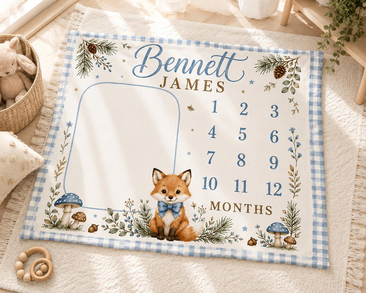 Personalized Woodland Milestone Blanket, Baby Boy Monthly Milestone Blanket, Fox Baby Blanket, Custom Name Blanket, Woodland 