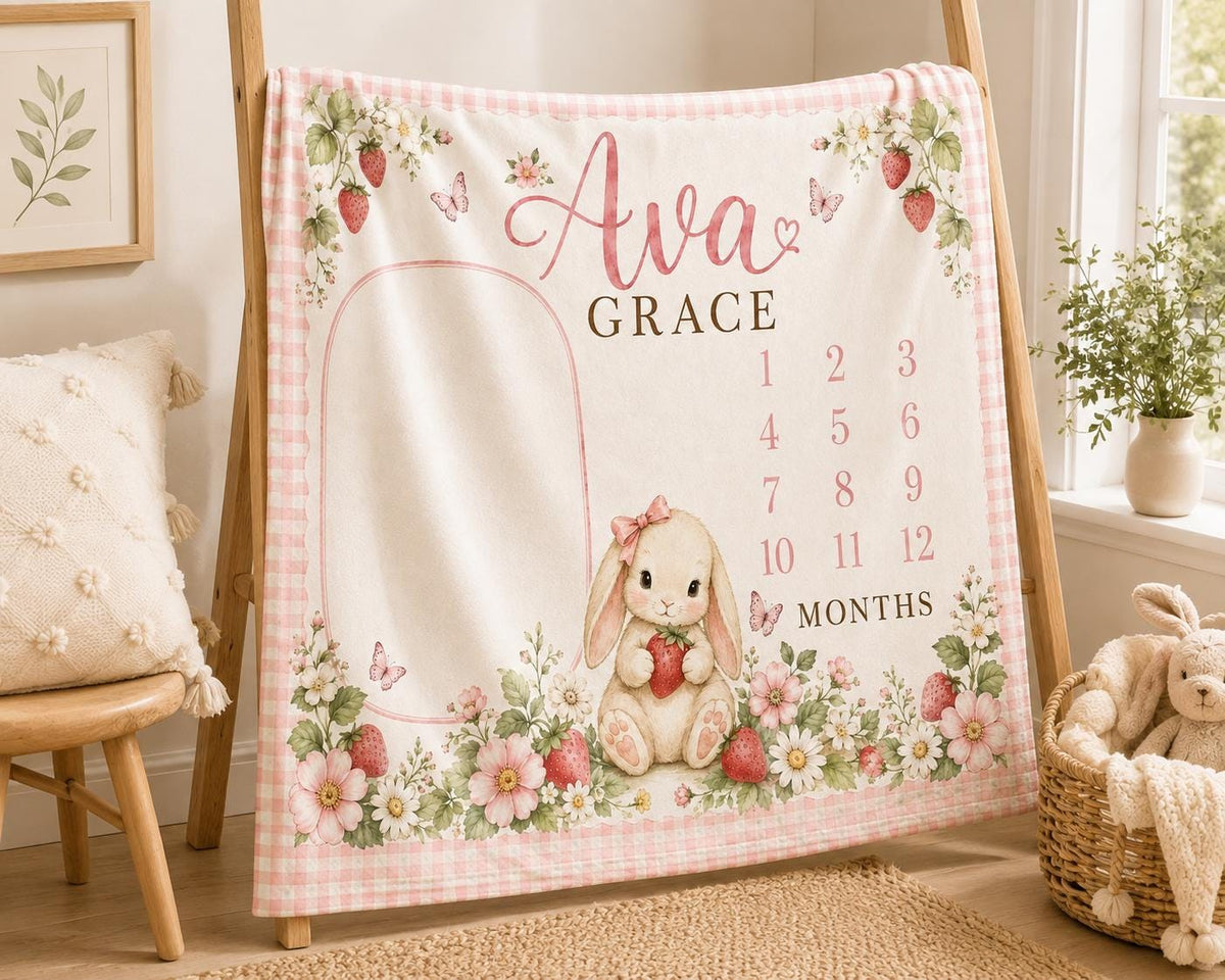 Personalized Strawberry Baby Milestone Blanket, Custom Name Baby Girl Blanket, Monthly Baby Blanket, Bunny Nursery, Baby Show