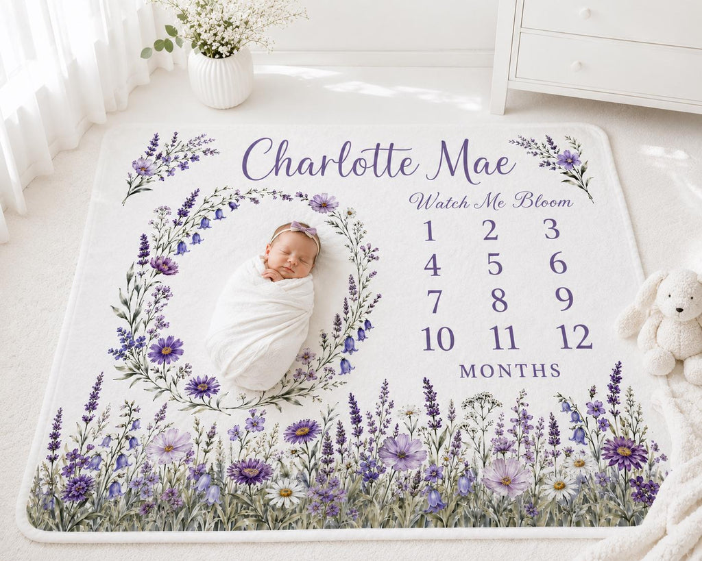 Personalized Floral Milestone Blanket, Baby Girl Monthly Milestone Blanket, Purple Wildflower Baby Blanket, Custom Name Newbo