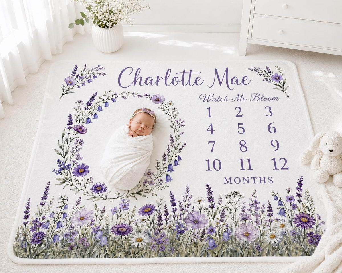 Personalized Floral Milestone Blanket, Baby Girl Monthly Milestone Blanket, Purple Wildflower Baby Blanket, Custom Name Newbo