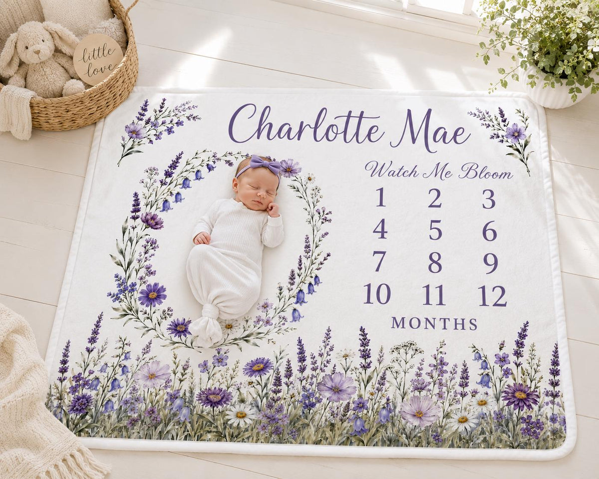 Personalized Floral Milestone Blanket, Baby Girl Monthly Milestone Blanket, Purple Wildflower Baby Blanket, Custom Name Newbo