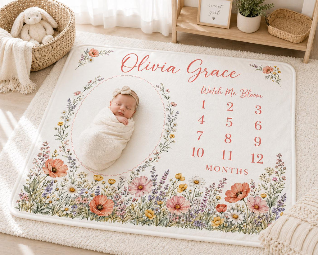 Personalized Wildflower Milestone Blanket, Baby Girl Monthly Milestone Blanket, Watch Me Bloom Blanket, Custom Floral Baby Gi