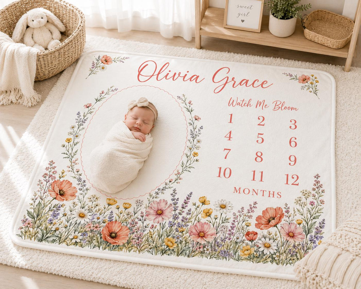 Personalized Wildflower Milestone Blanket, Baby Girl Monthly Milestone Blanket, Watch Me Bloom Blanket, Custom Floral Baby Gi