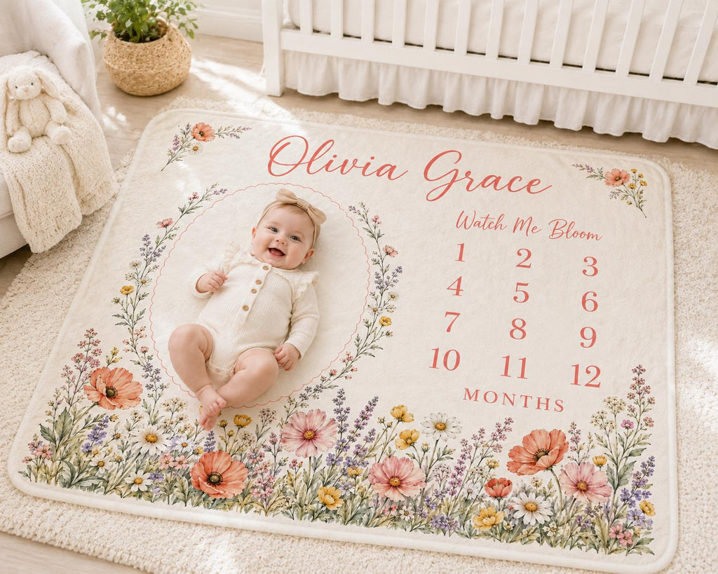 Personalized Wildflower Milestone Blanket, Baby Girl Monthly Milestone Blanket, Watch Me Bloom Blanket, Custom Floral Baby Gi