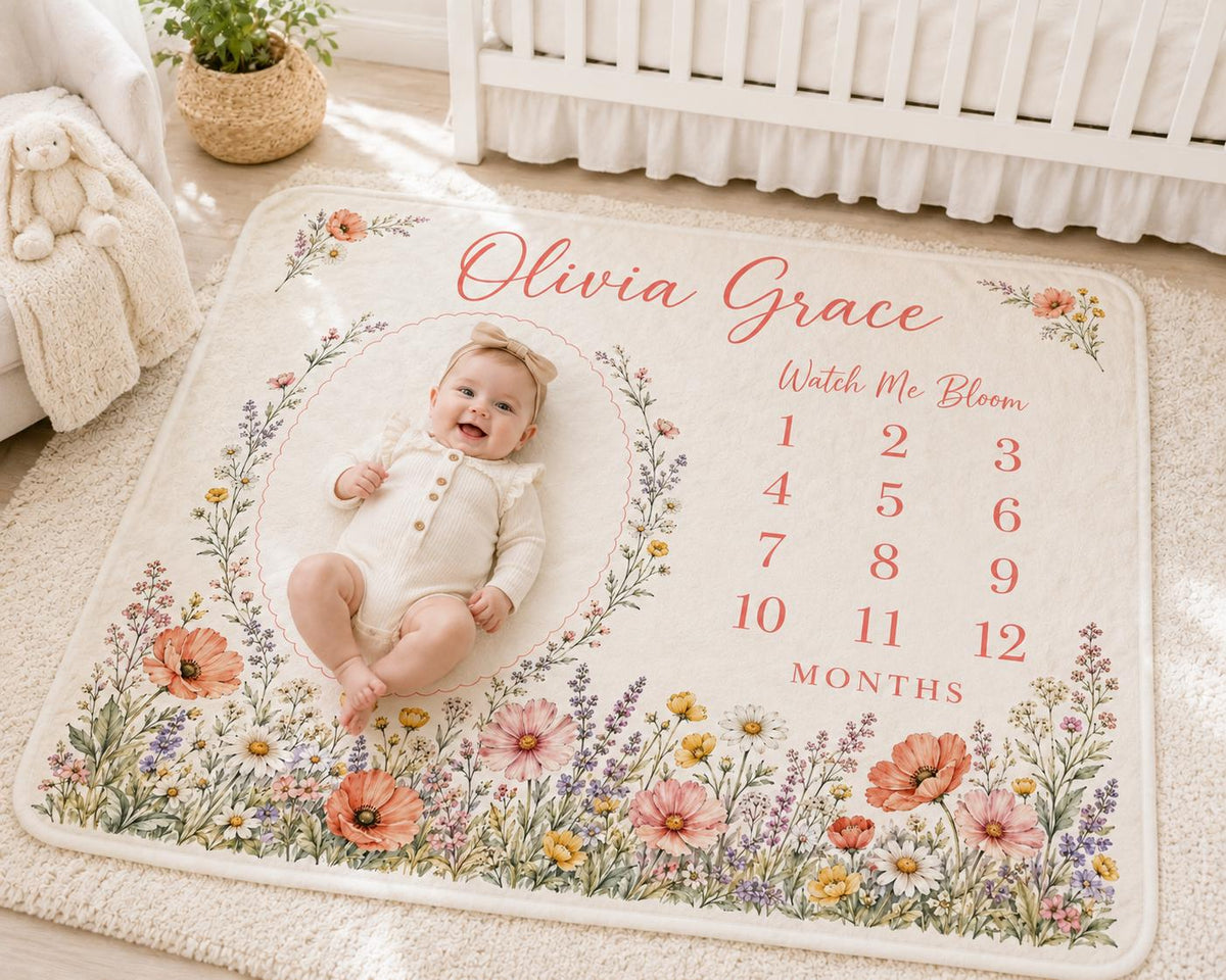 Personalized Wildflower Milestone Blanket, Baby Girl Monthly Milestone Blanket, Watch Me Bloom Blanket, Custom Floral Baby Gi