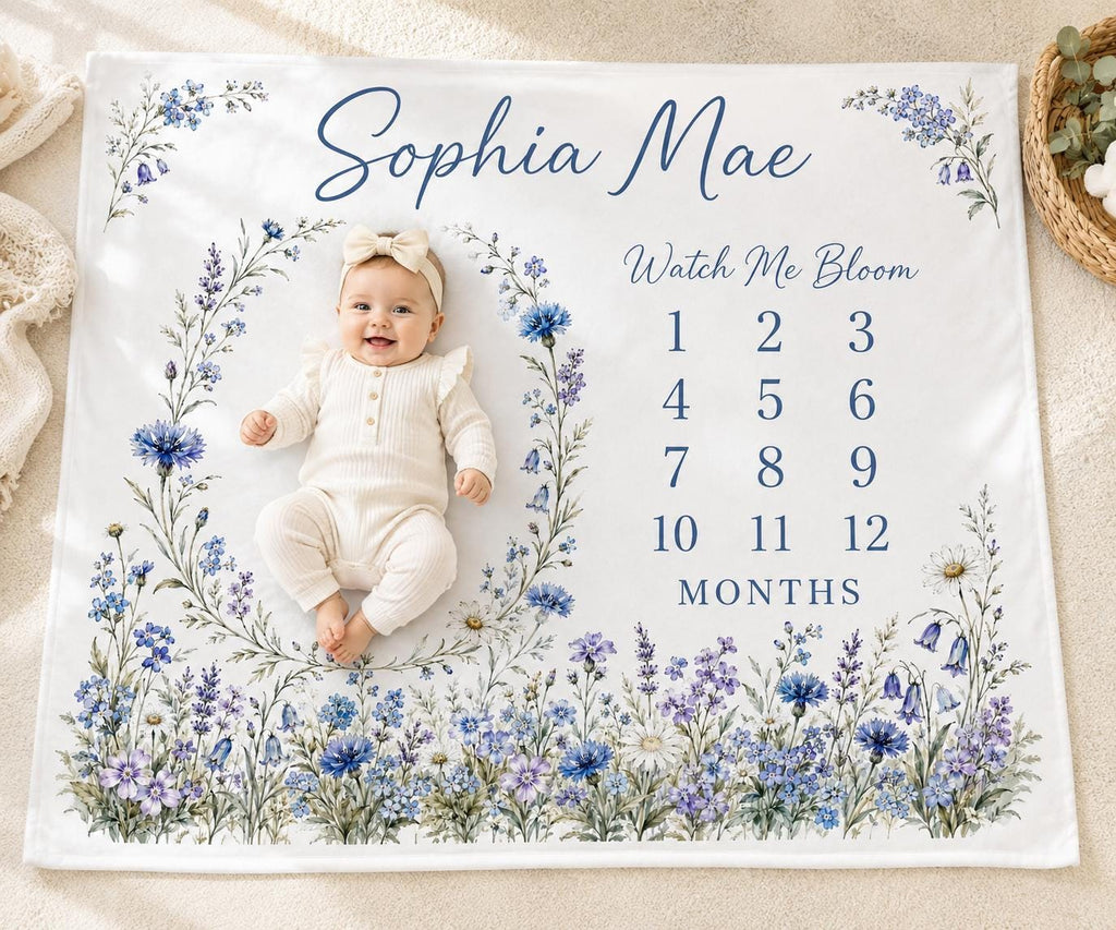 Personalized Blue Wildflower Milestone Blanket, Watch Me Bloom Baby Blanket, Monthly Milestone Blanket, Custom Baby Girl Gift