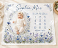 Personalized Blue Wildflower Milestone Blanket, Watch Me Bloom Baby Blanket, Monthly Milestone Blanket, Custom Baby Girl Gift