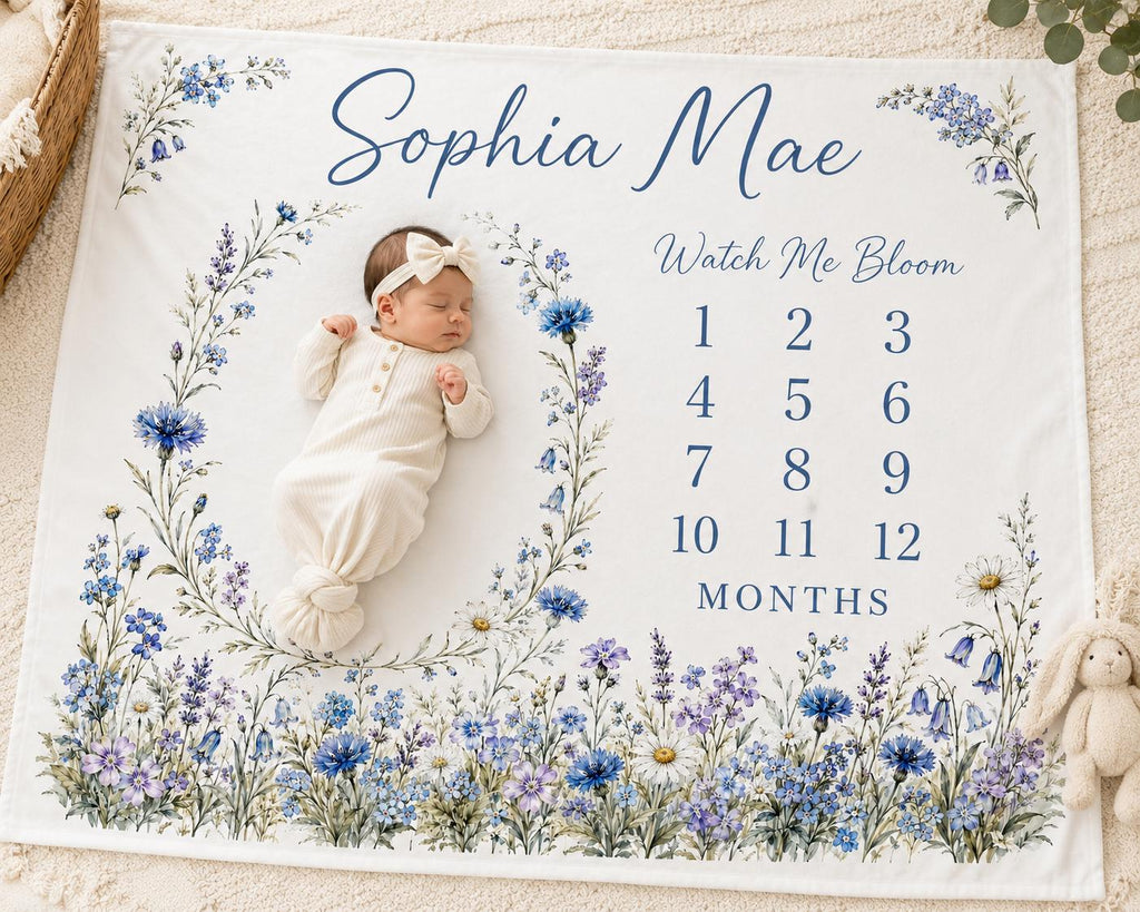 Personalized Blue Wildflower Milestone Blanket, Watch Me Bloom Baby Blanket, Monthly Milestone Blanket, Custom Baby Girl Gift
