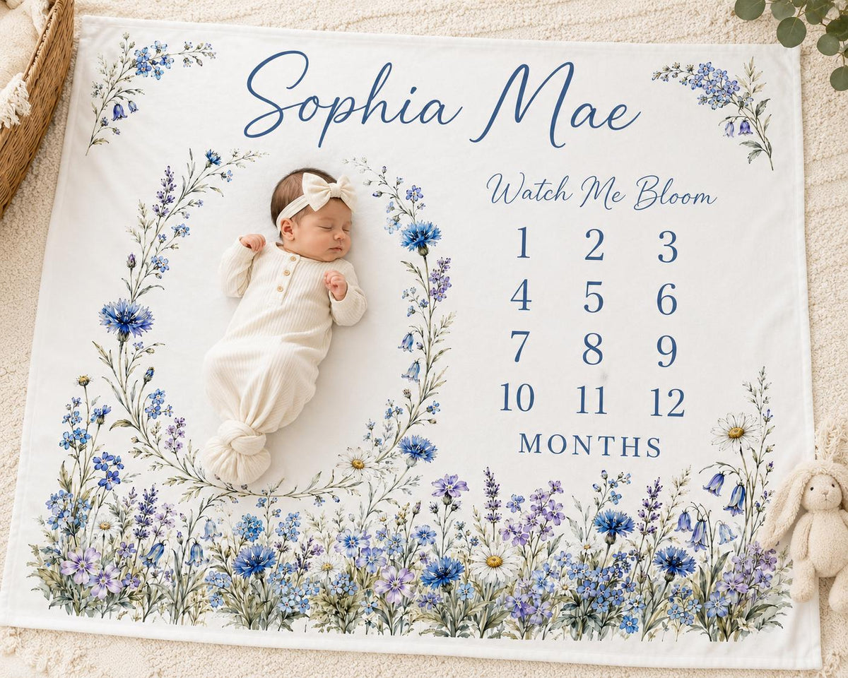 Personalized Blue Wildflower Milestone Blanket, Watch Me Bloom Baby Blanket, Monthly Milestone Blanket, Custom Baby Girl Gift