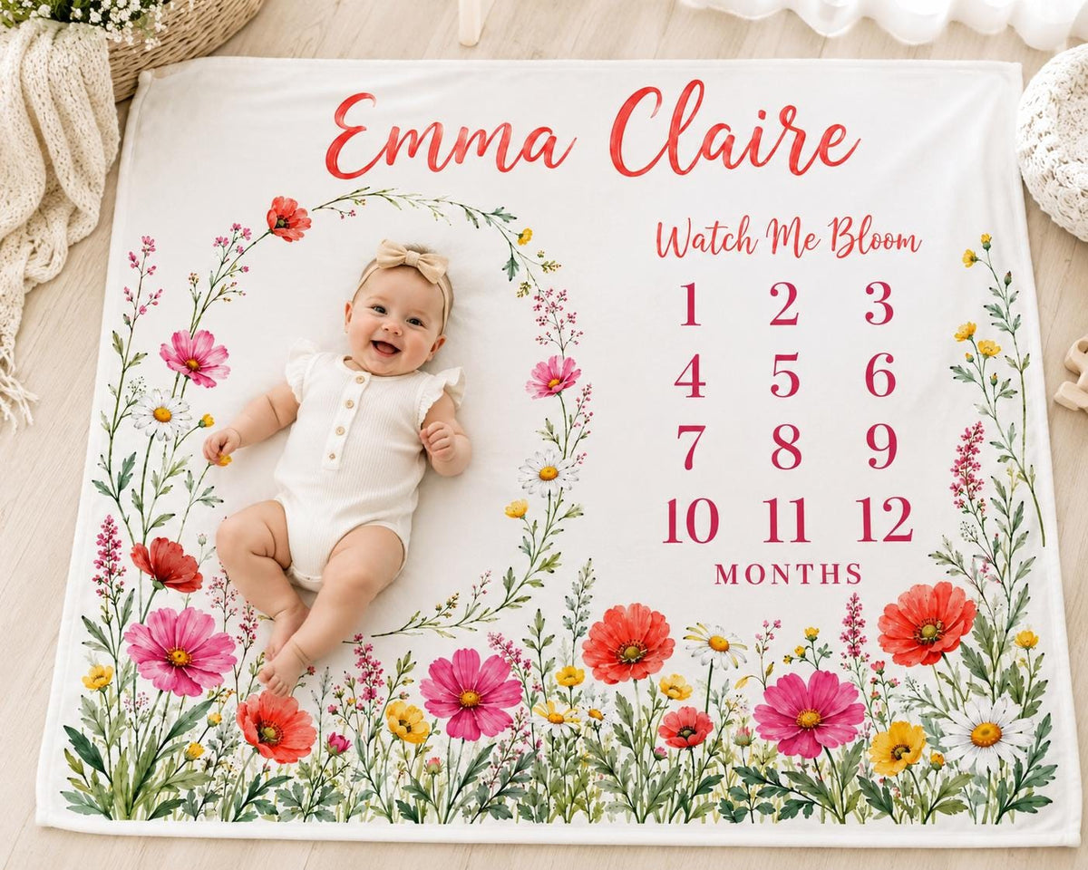 Personalized Wildflower Milestone Blanket, Baby Girl Monthly Milestone Blanket, Watch Me Bloom Blanket, Custom Name Baby Show
