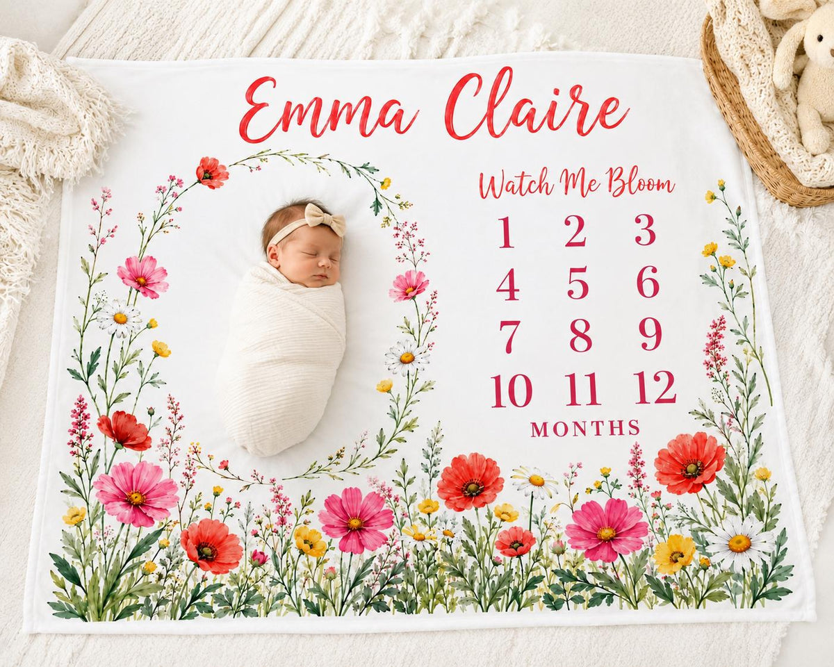 Personalized Wildflower Milestone Blanket, Baby Girl Monthly Milestone Blanket, Watch Me Bloom Blanket, Custom Name Baby Show