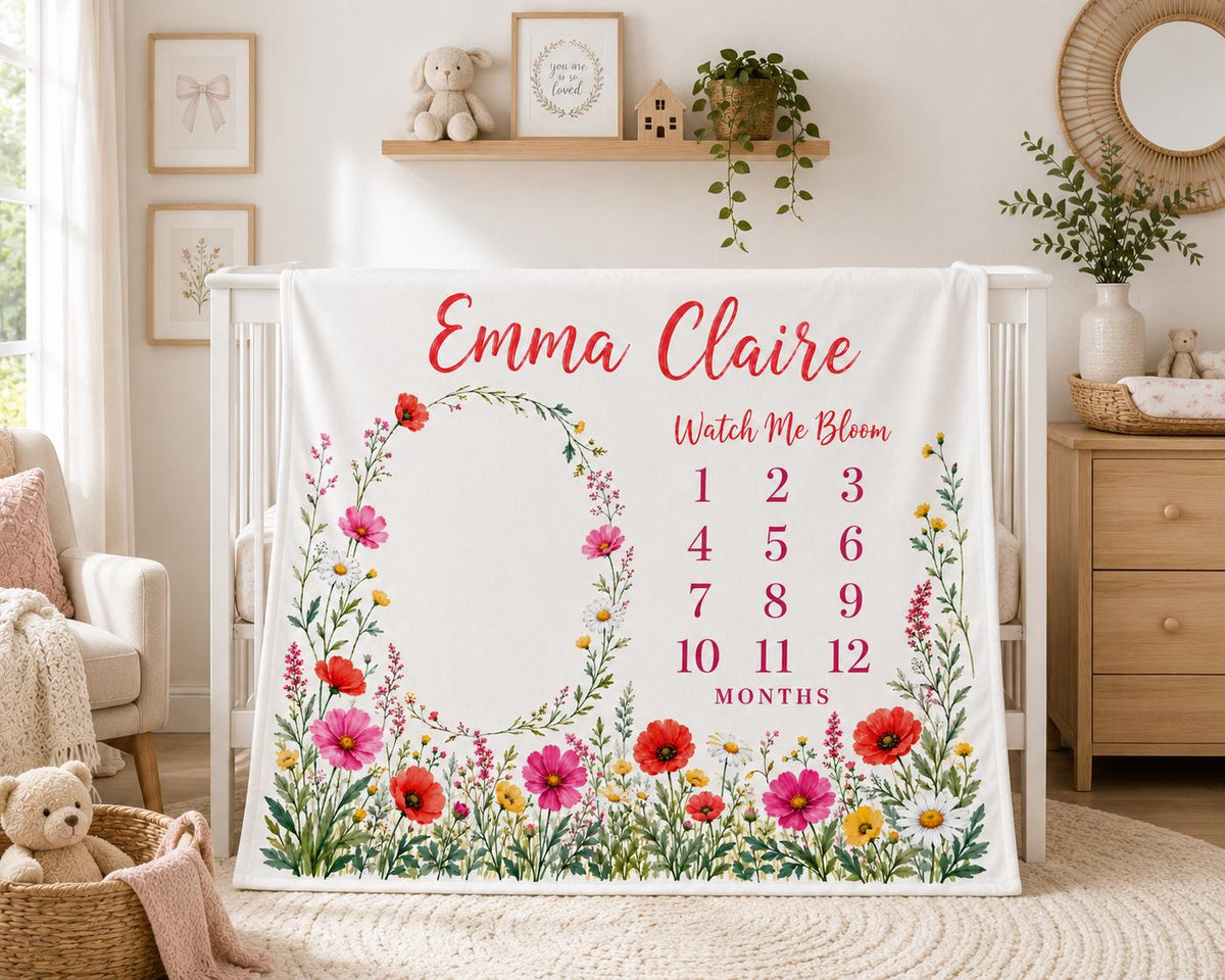 Personalized Wildflower Milestone Blanket, Baby Girl Monthly Milestone Blanket, Watch Me Bloom Blanket, Custom Name Baby Show