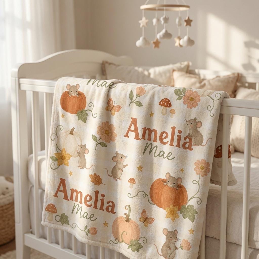 Personalized Pumpkin Baby Blanket, Personalized Fall Baby Blanket, Custom Autumn Baby Blanket, Pumpkin Mouse Nursery Blanket
