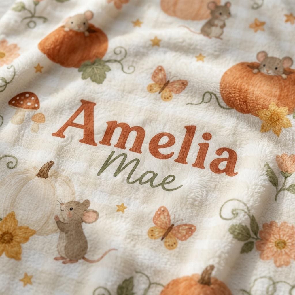 Personalized Pumpkin Baby Blanket, Personalized Fall Baby Blanket, Custom Autumn Baby Blanket, Pumpkin Mouse Nursery Blanket