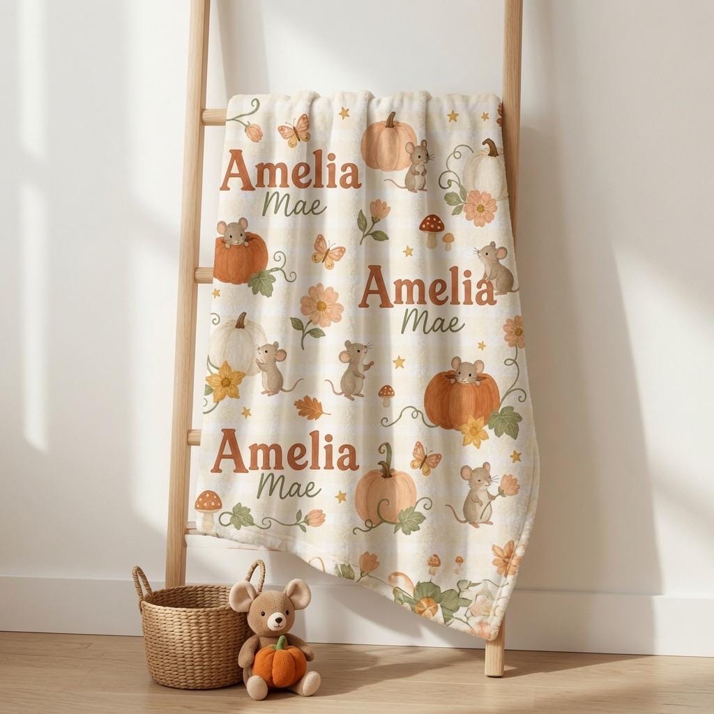 Personalized Pumpkin Baby Blanket, Personalized Fall Baby Blanket, Custom Autumn Baby Blanket, Pumpkin Mouse Nursery Blanket