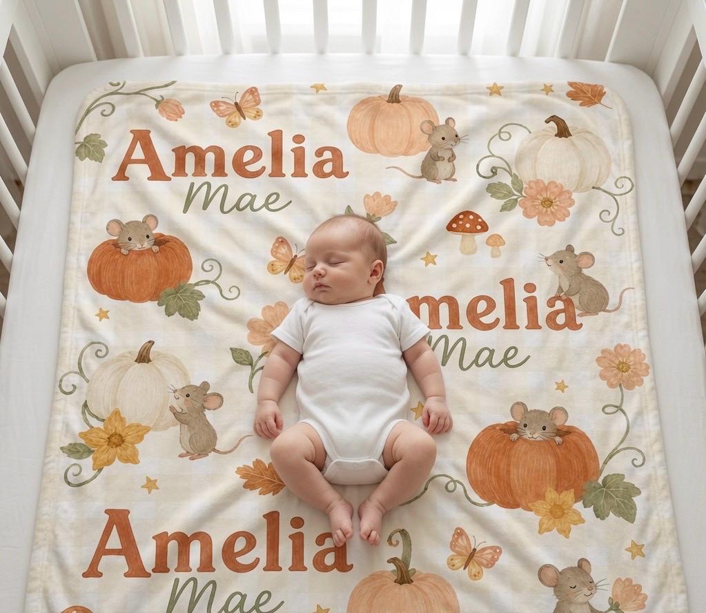 Personalized Pumpkin Baby Blanket, Personalized Fall Baby Blanket, Custom Autumn Baby Blanket, Pumpkin Mouse Nursery Blanket