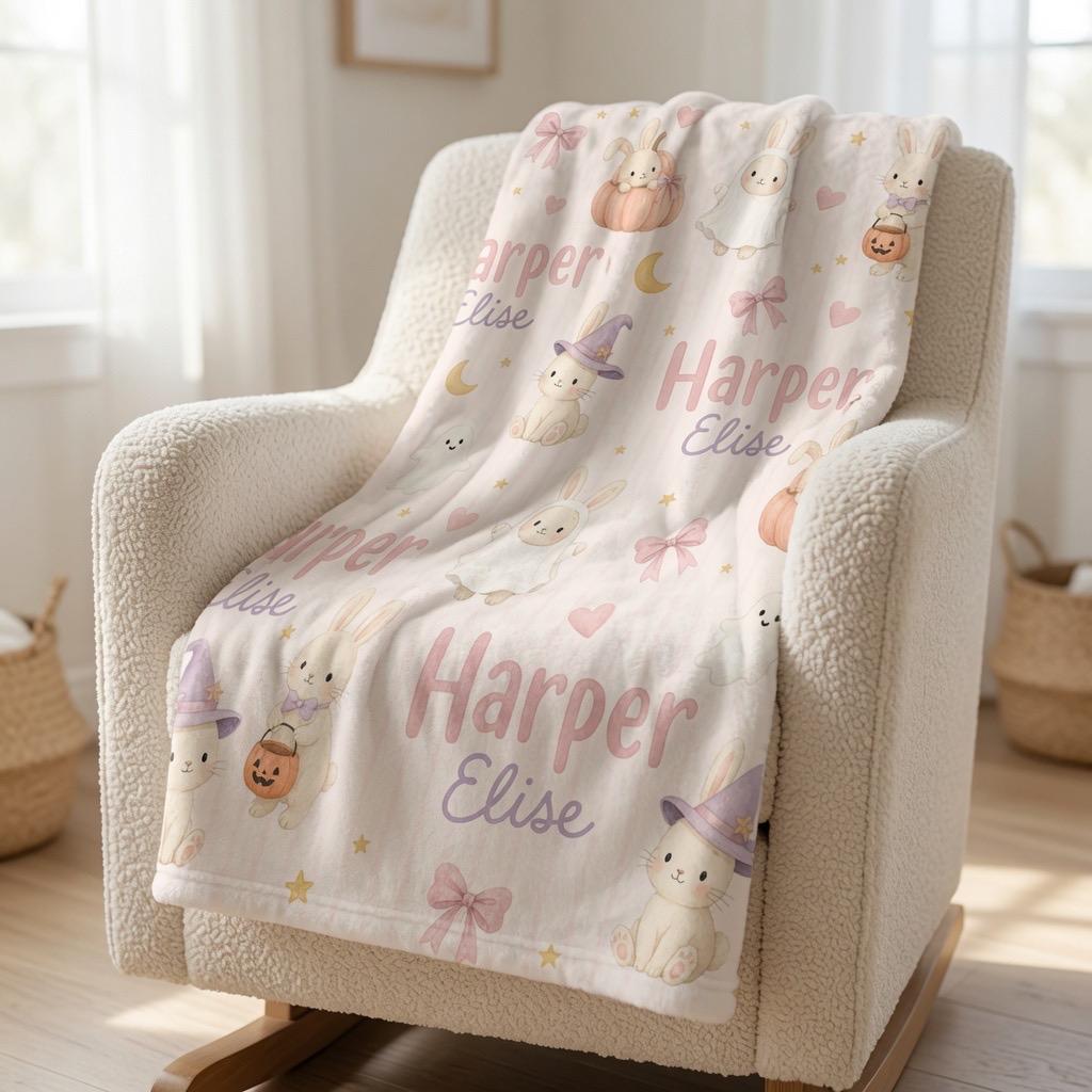 Personalized Halloween Bunny Blanket, Personalized Halloween Baby Blanket, Cute Ghost Bunny Blanket, Custom Baby Name Blanket