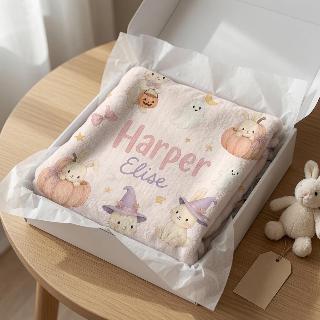 Personalized Halloween Bunny Blanket, Personalized Halloween Baby Blanket, Cute Ghost Bunny Blanket, Custom Baby Name Blanket