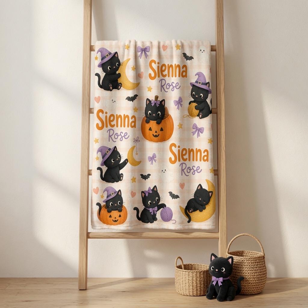 Personalized Halloween Cat Baby Blanket, Custom Halloween Baby Blanket, Black Cat Nursery Blanket, Personalized Ghost Blanket