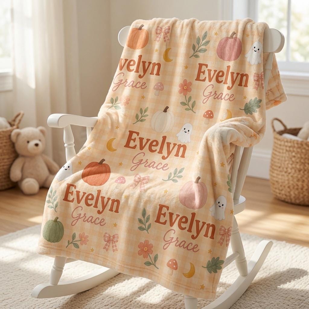 Personalized Halloween Baby Blanket, Custom Pumpkin Ghost Baby Blanket, Cute Fall Baby Blanket, Personalized Baby Name Blanke
