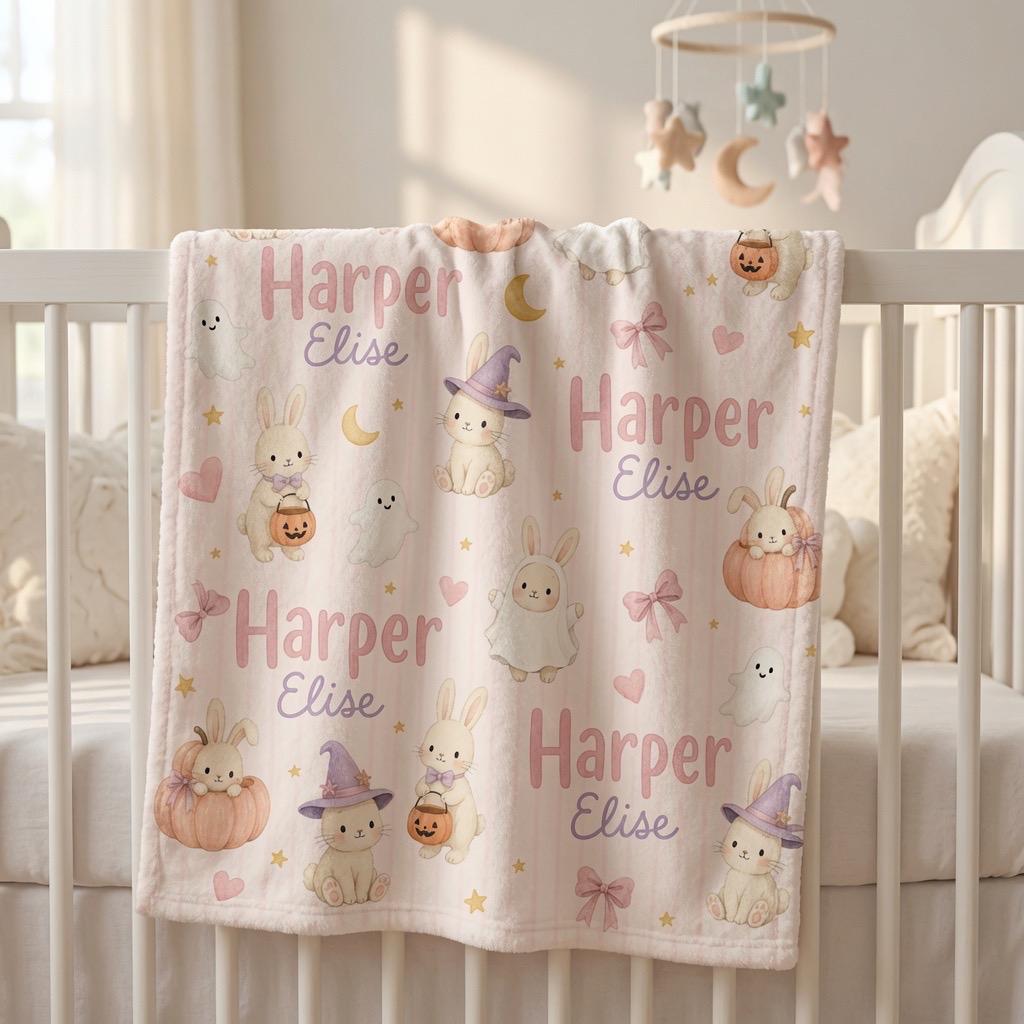 Personalized Halloween Bunny Blanket, Personalized Halloween Baby Blanket, Cute Ghost Bunny Blanket, Custom Baby Name Blanket