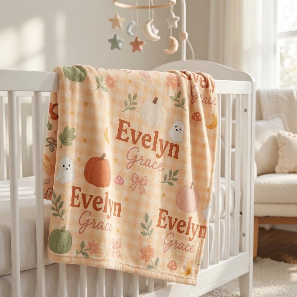 Personalized Halloween Baby Blanket, Custom Pumpkin Ghost Baby Blanket, Cute Fall Baby Blanket, Personalized Baby Name Blanke