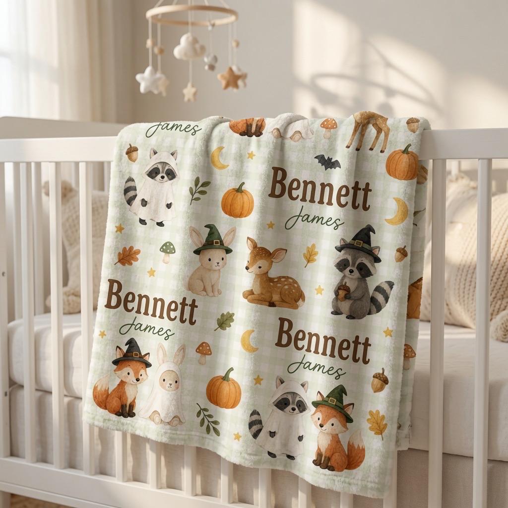 Personalized Halloween Woodland Baby Blanket, Custom Fox Ghost Baby Blanket, Personalized Baby Name Blanket, Cute Spooky Baby
