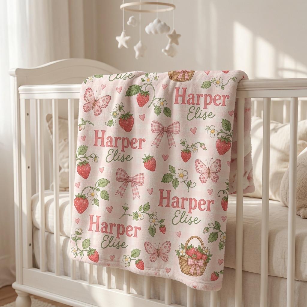 Personalized Strawberry Baby Blanket, Custom Baby Girl Blanket, Strawberry Nursery Blanket, Pink Bow Baby Blanket, Butterfly 