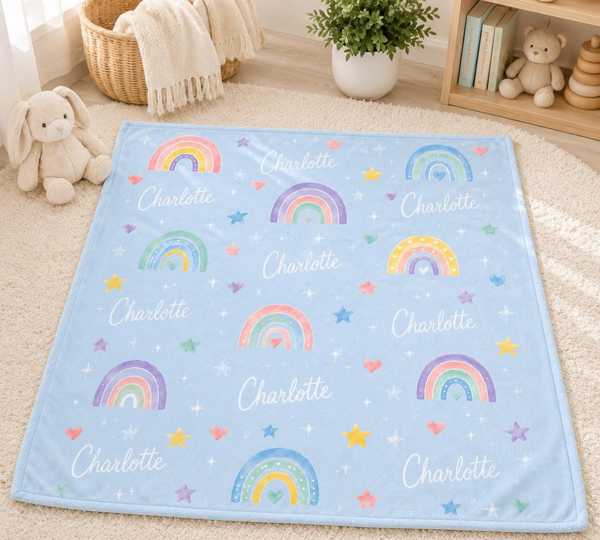 Personalized Rainbow Baby Blanket, Custom Name Girl Blanket, Pastel Rainbow Nursery Blanket, Baby Shower Gift, Newborn Keepsa