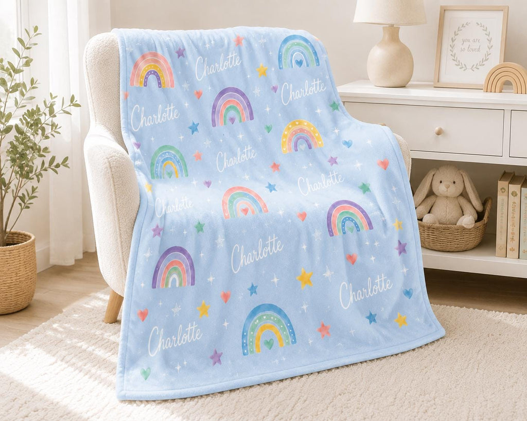 Personalized Rainbow Baby Blanket, Custom Name Girl Blanket, Pastel Rainbow Nursery Blanket, Baby Shower Gift, Newborn Keepsa