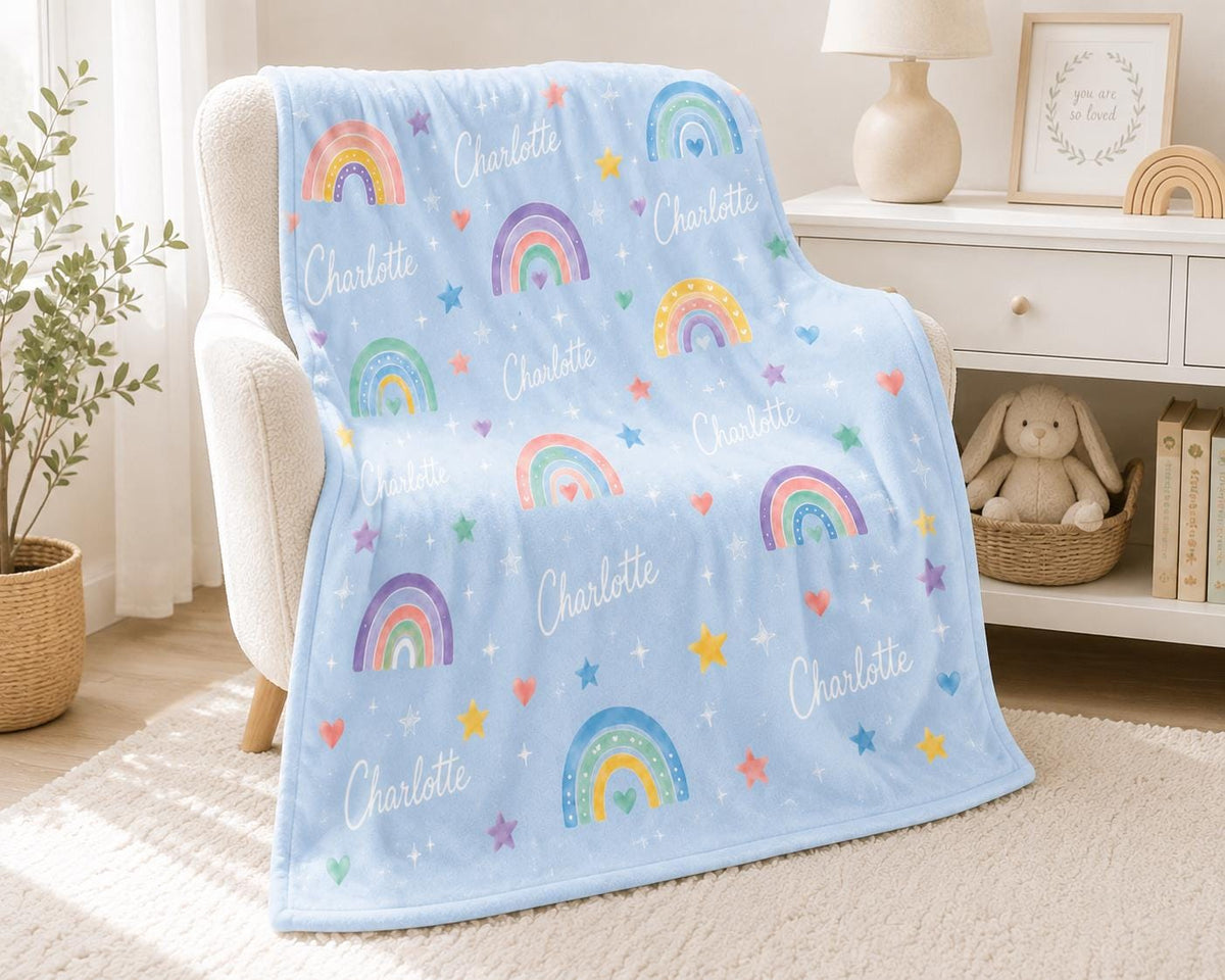 Personalized Rainbow Baby Blanket, Custom Name Girl Blanket, Pastel Rainbow Nursery Blanket, Baby Shower Gift, Newborn Keepsa