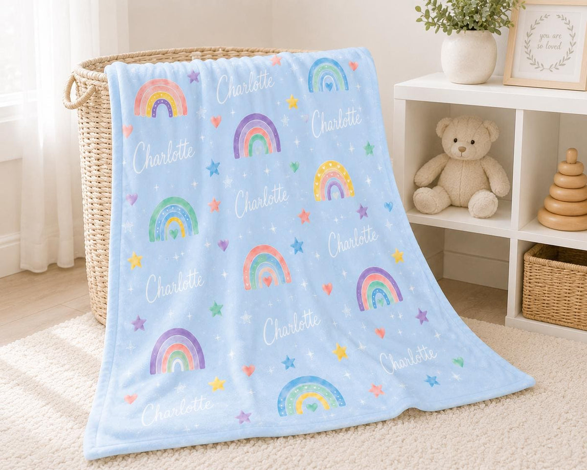 Personalized Rainbow Baby Blanket, Custom Name Girl Blanket, Pastel Rainbow Nursery Blanket, Baby Shower Gift, Newborn Keepsa
