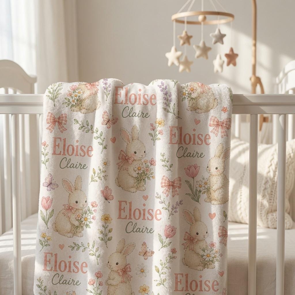 Personalized Bunny Baby Blanket, Custom Baby Girl Blanket, Personalized Rabbit Blanket, Floral Bunny Nursery Blanket, Baby Sh