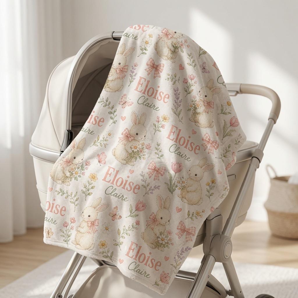 Personalized Bunny Baby Blanket, Custom Baby Girl Blanket, Personalized Rabbit Blanket, Floral Bunny Nursery Blanket, Baby Sh