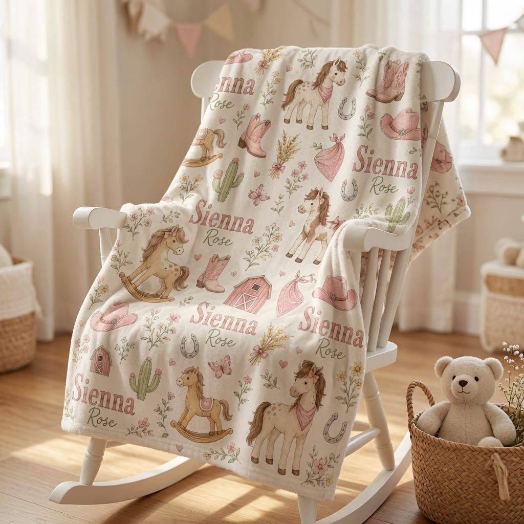 Personalized Cowgirl Baby Blanket, Custom Western Baby Blanket, Personalized Horse Baby Blanket, Cowgirl Nursery Blanket, Bab