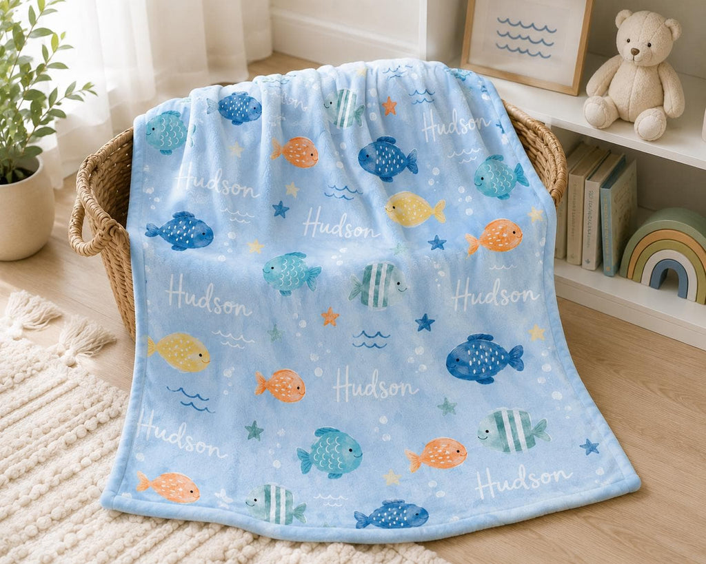 Personalized Fish Baby Blanket, Custom Name Boy Blanket, Ocean Nursery Blanket, Under the Sea Baby Gift, Personalized Toddler