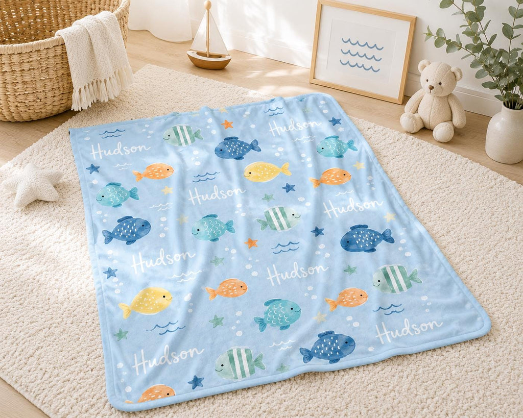 Personalized Fish Baby Blanket, Custom Name Boy Blanket, Ocean Nursery Blanket, Under the Sea Baby Gift, Personalized Toddler