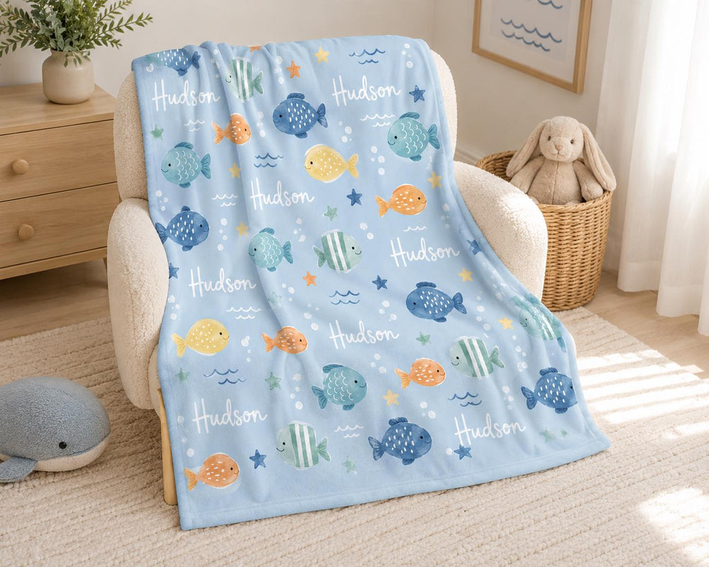 Personalized Fish Baby Blanket, Custom Name Boy Blanket, Ocean Nursery Blanket, Under the Sea Baby Gift, Personalized Toddler