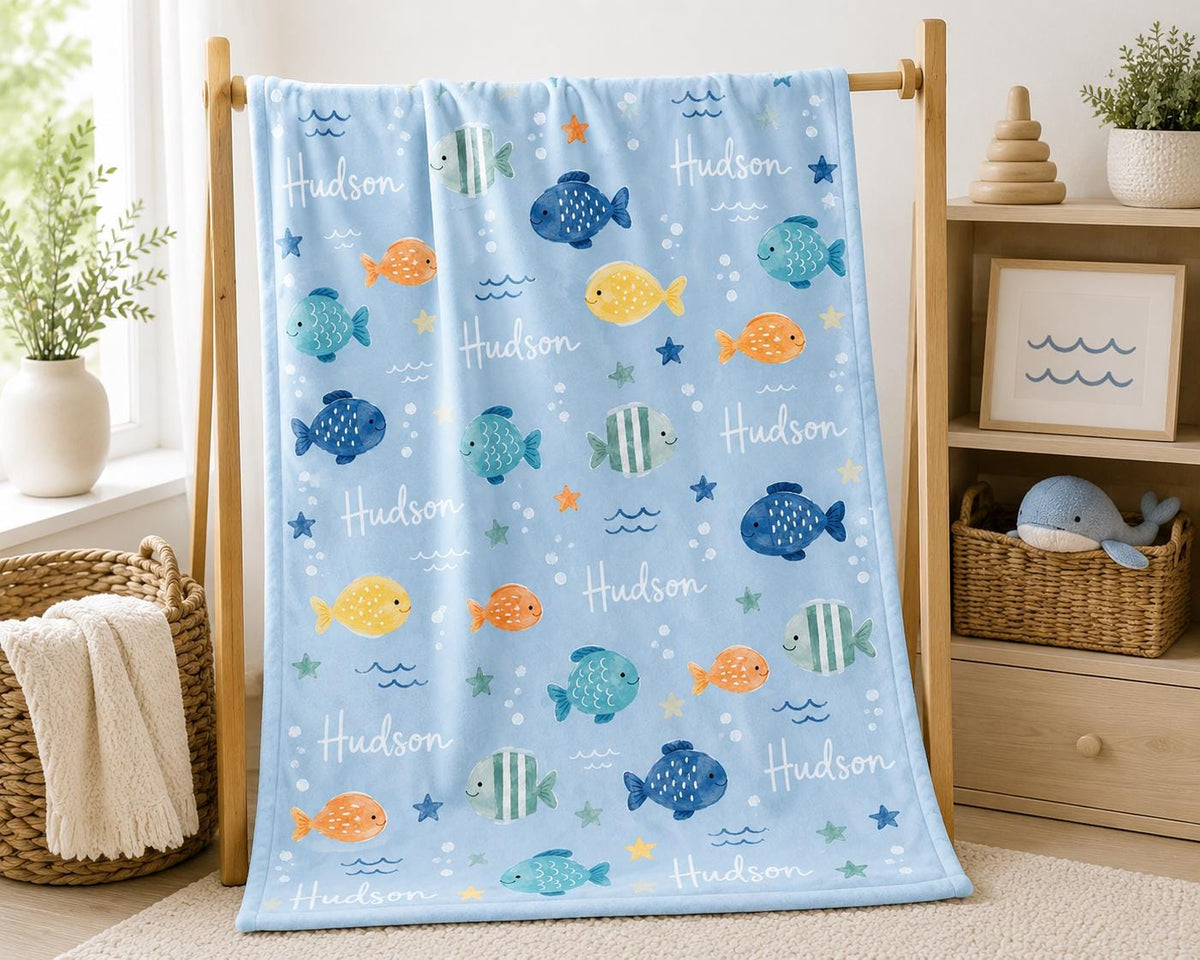 Personalized Fish Baby Blanket, Custom Name Boy Blanket, Ocean Nursery Blanket, Under the Sea Baby Gift, Personalized Toddler